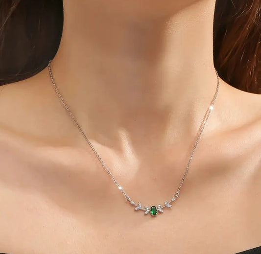 Silver Zircon Leaf Necklace